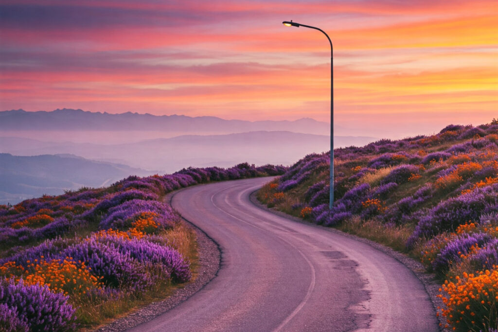 A curved road, with a street light, at sunset with wildflowers on both sides of the road.