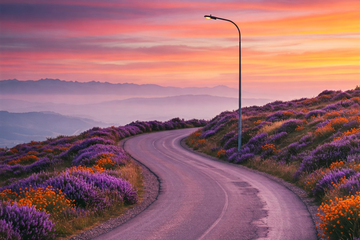 A curved road, with a street light, at sunset with wildflowers on both sides of the road.