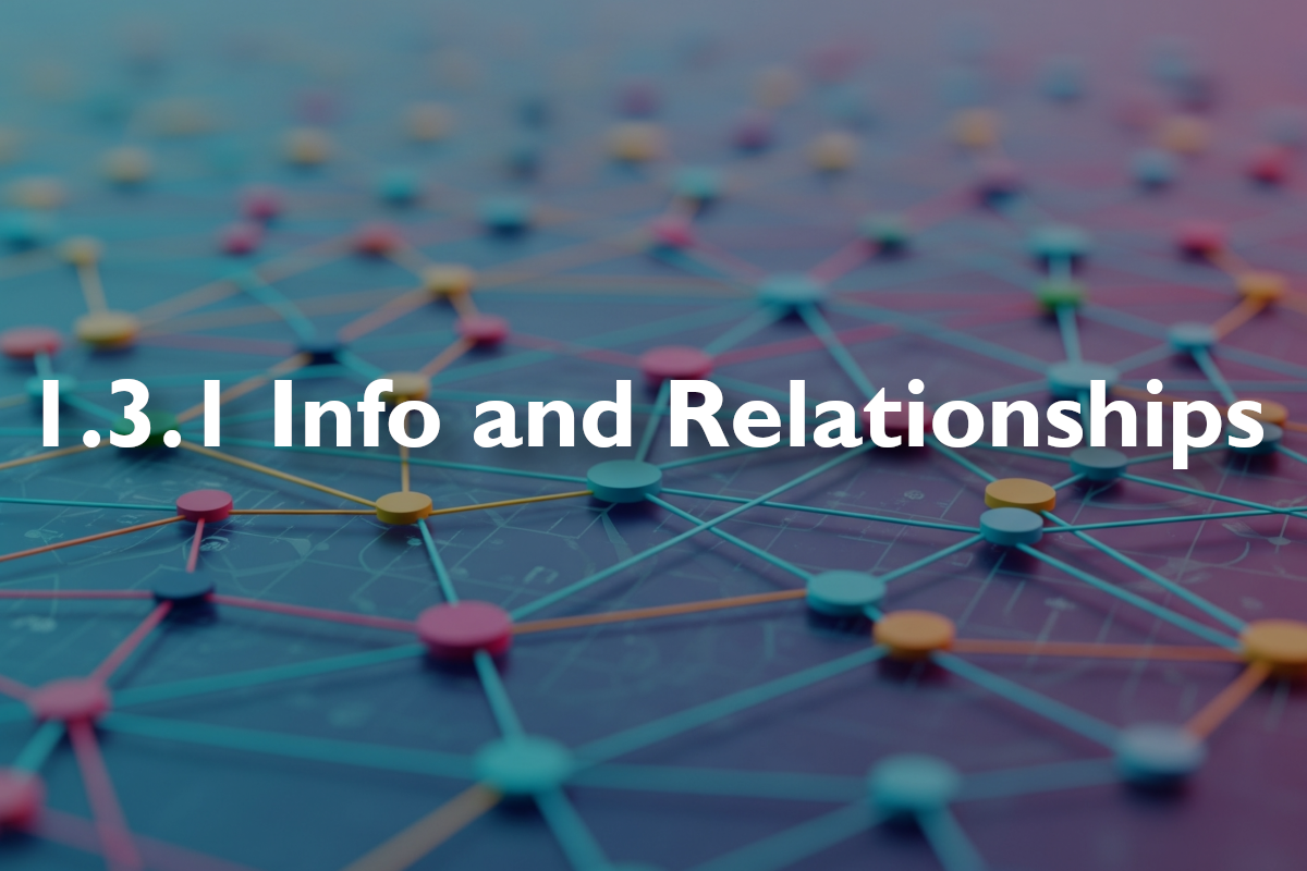 White text 1.3.1 Info and Relationships on top of colorful dots with lines connecting them to each other