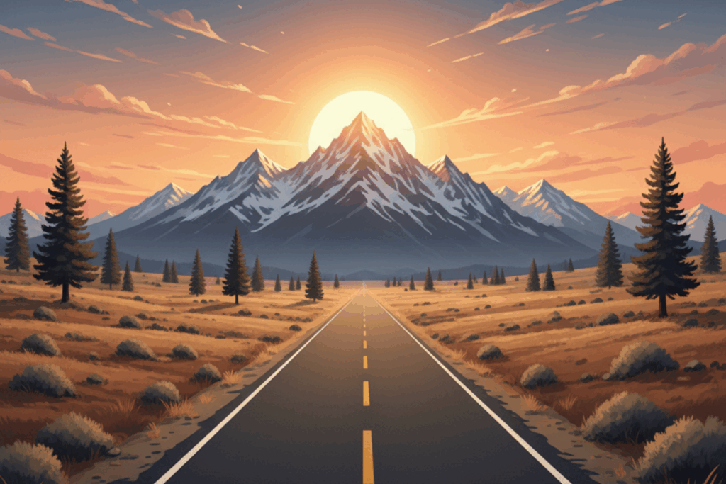 An illustration of a long straight road in the direction of a mountain range, with the sun just behind the tallest peak.