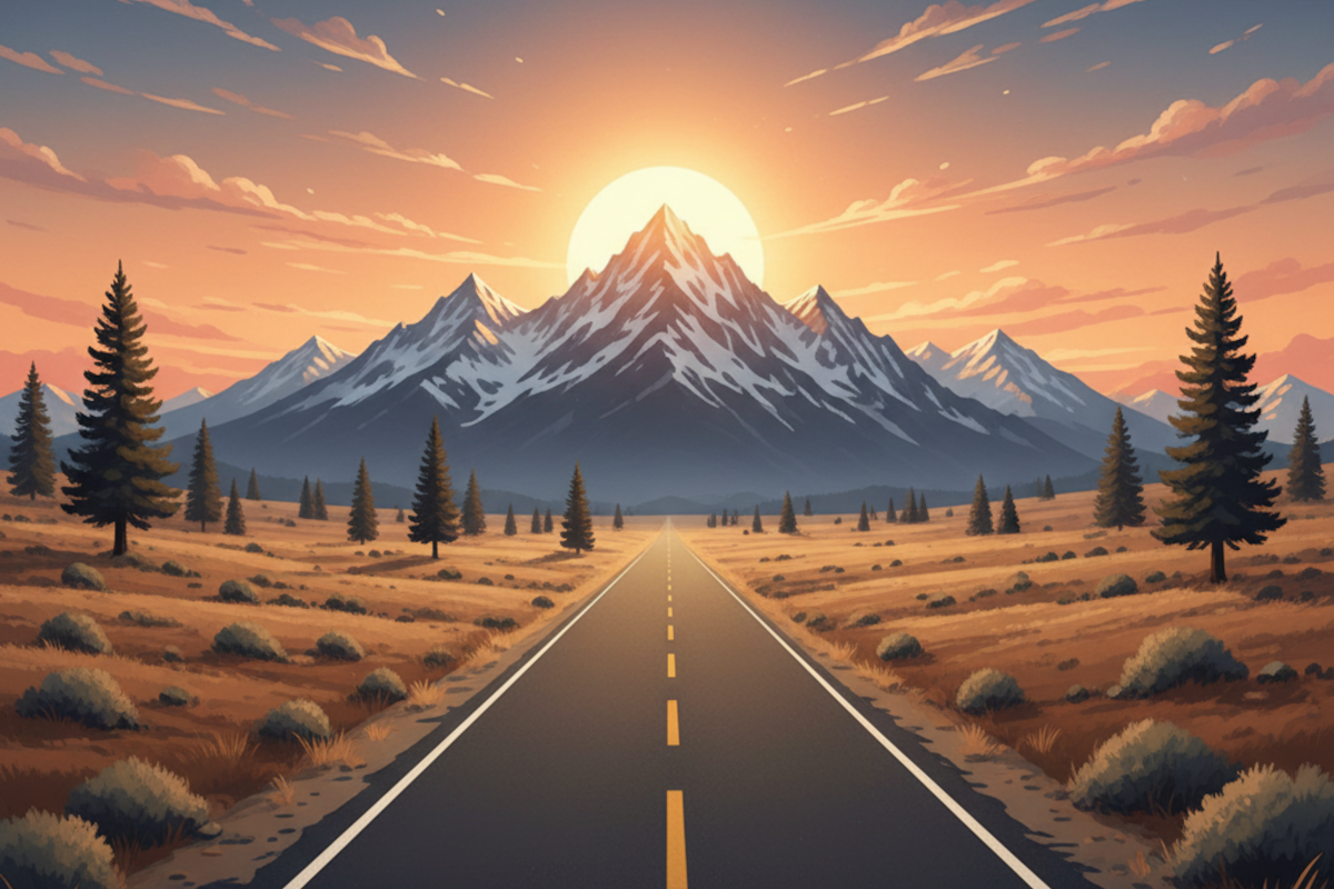 An illustration of a long straight road in the direction of a mountain range, with the sun just behind the tallest peak.