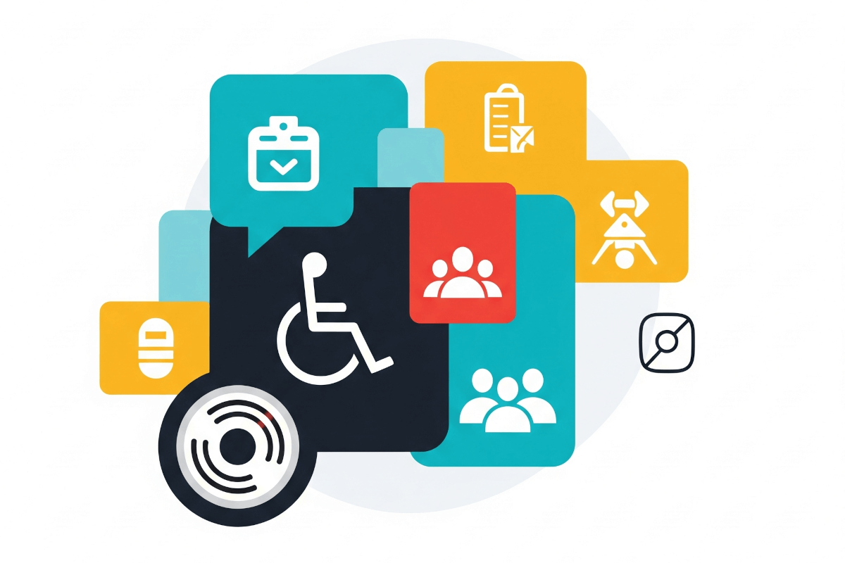 Graphic representing Non-Text Contrast, with various colorful squares with icons