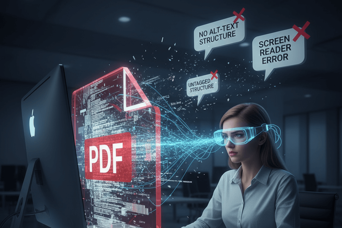 Woman with goggles viewing a PDF file on a large screen with thought bubbles note the accessibility issues with the file.