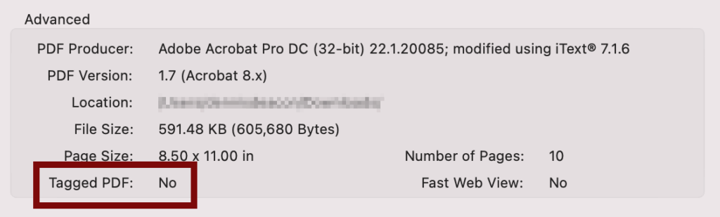 Screenshot from Adobe Acrobat of the Document Properties, with the Tagged data point highlighted, with a No value
