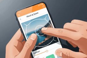 A person holding a mobile device, zooming the screen using their fingers