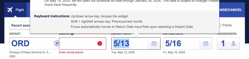 Southwest.com home page booking widget, with focus on the departure date field, and the associated date picker visually presented, with additional keyboard instructions