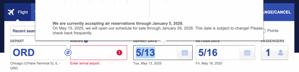 Southwest.com home page booking widget, with focus on the departure date field, and the associated date picker visually presented, with standard guidance