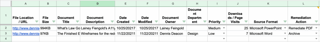 screenshot of the Excel spreadsheet to log PDF inventory
