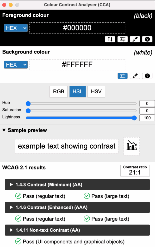 The interface of TPGi's Colour Contrast Analyser client-based tool