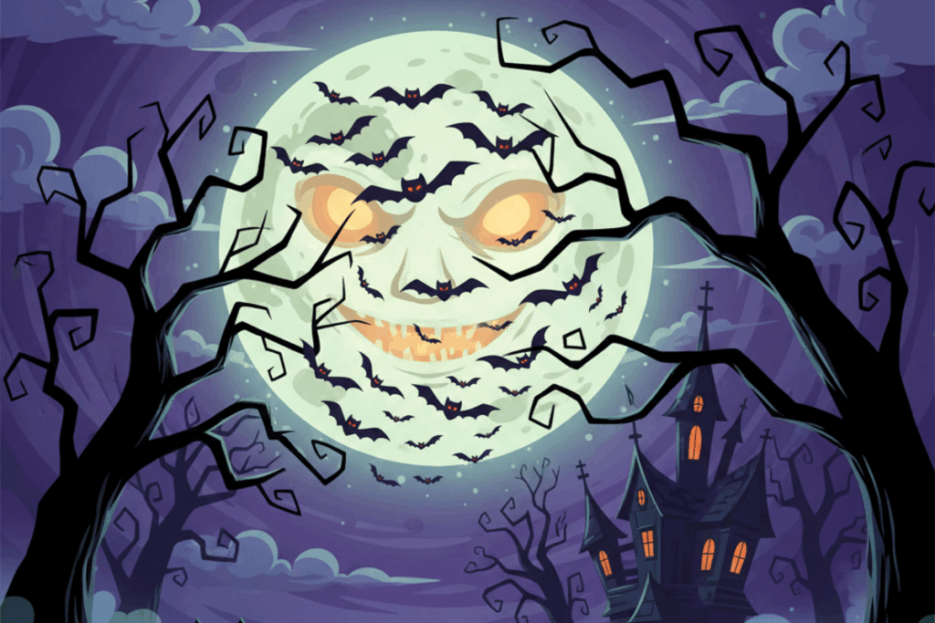 A spooky evening scene, with a large moon with a grimacing face staring at you, with trees bare of leaves and bats flying in the sky, and a spooky house with orange light glowing from the windows