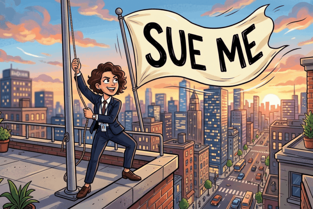 Humorous cartoon of a man standing atop a building with a sunset sky holding a sign that reads 'Sue Me,' indicating a cheeky or defiant attitude.