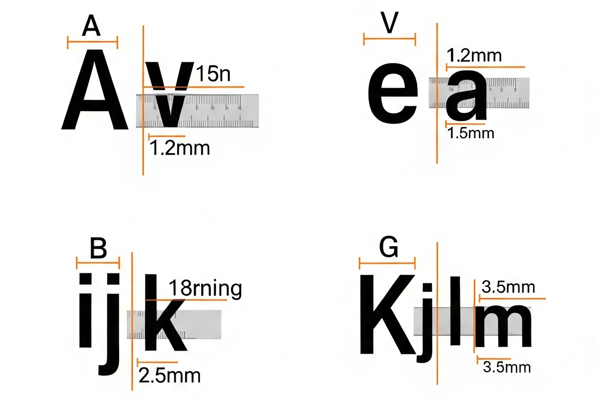 Text characters with measurements between each character