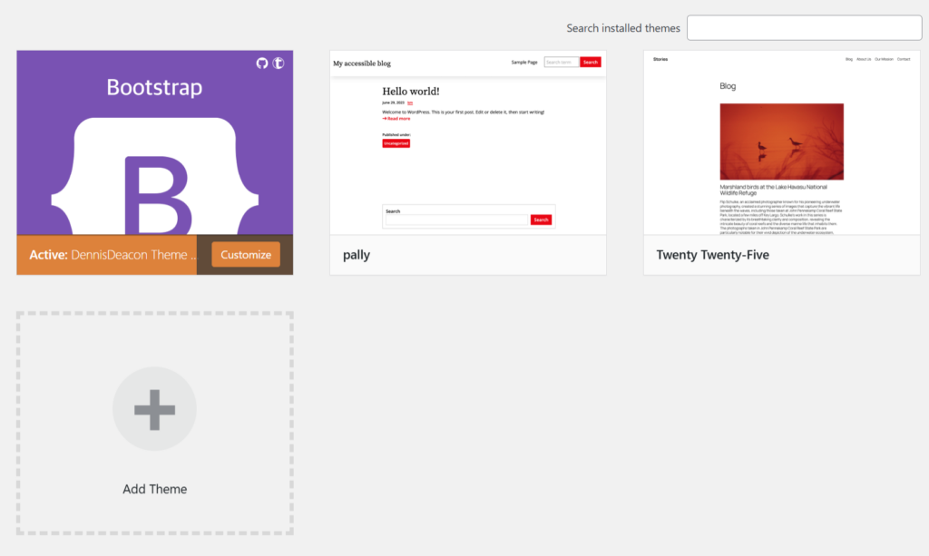 A screenshot of the themes listing from within WordPress, with the installed Bootstrap theme active.