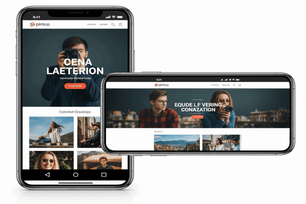 Two mobile devices presenting a website in both portrait and landscape orientations