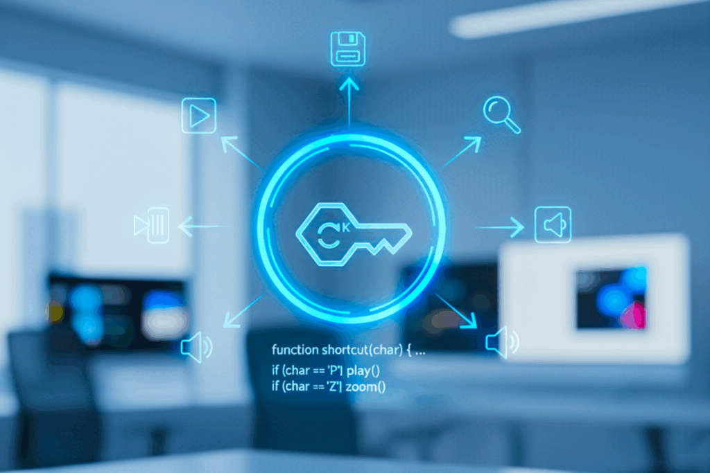 A blurred computer room with a circle denoting File Save, Search, Sound and other actions, with Javascript code for a character shortcut for play and zoom.