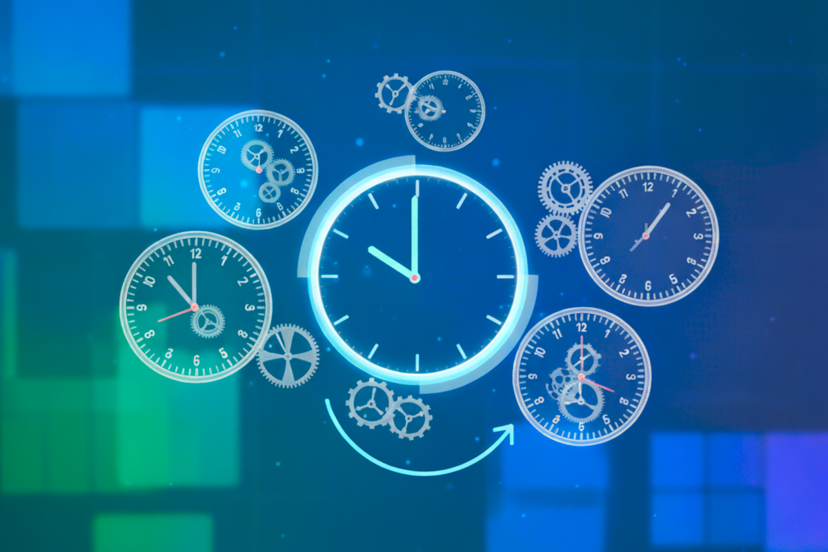 Multiple clocks against a blurred bluish background
