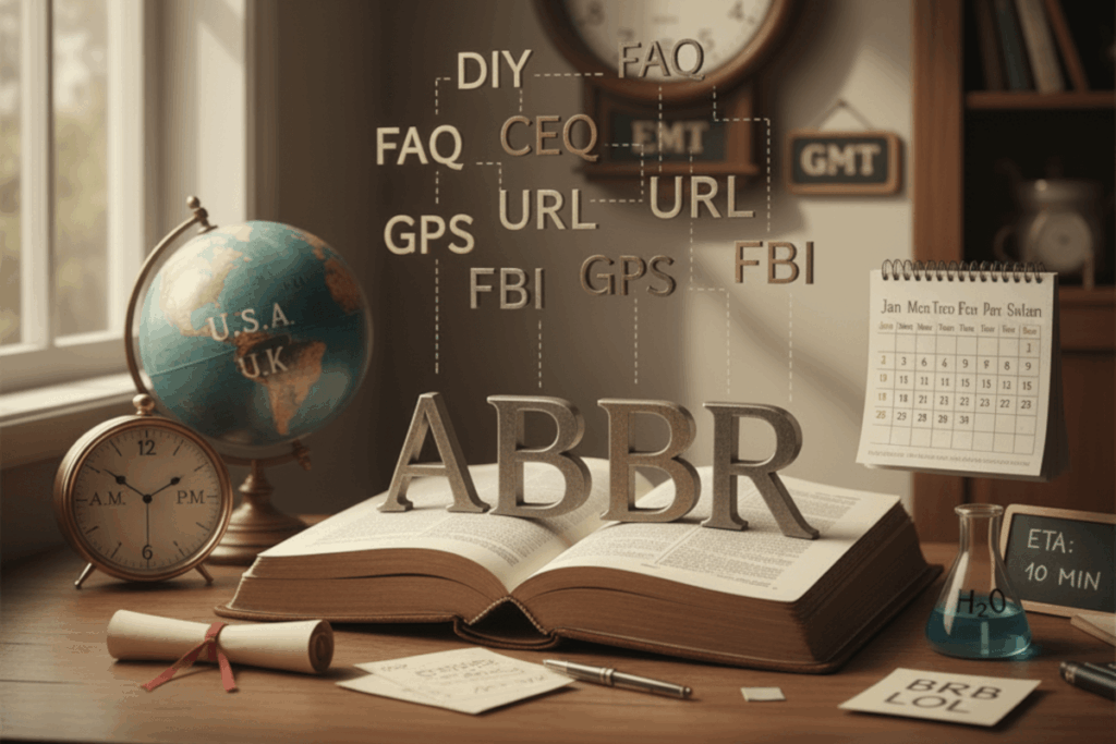 An open book with the abbreviation ABBR siting on top and serval other acronyms floating above