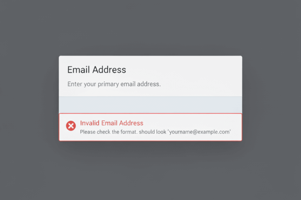 An Email Address modal with the error message Invalid Email address, with instructions how to fix it