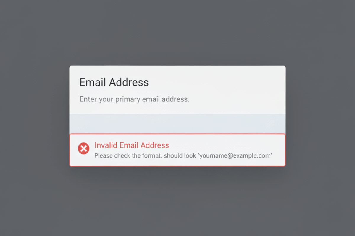 An Email Address modal with the error message Invalid Email address, with instructions how to fix it