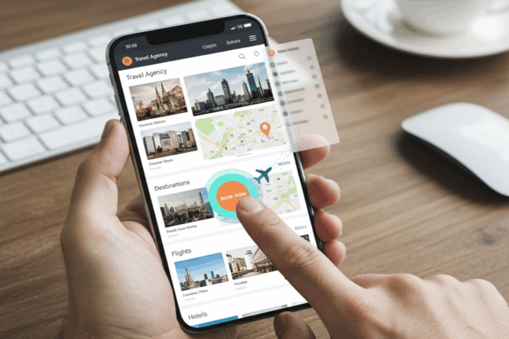 A mobile phone being held, with the user tapping on the screen of an apparent travel app, and an animation being presented on the screen