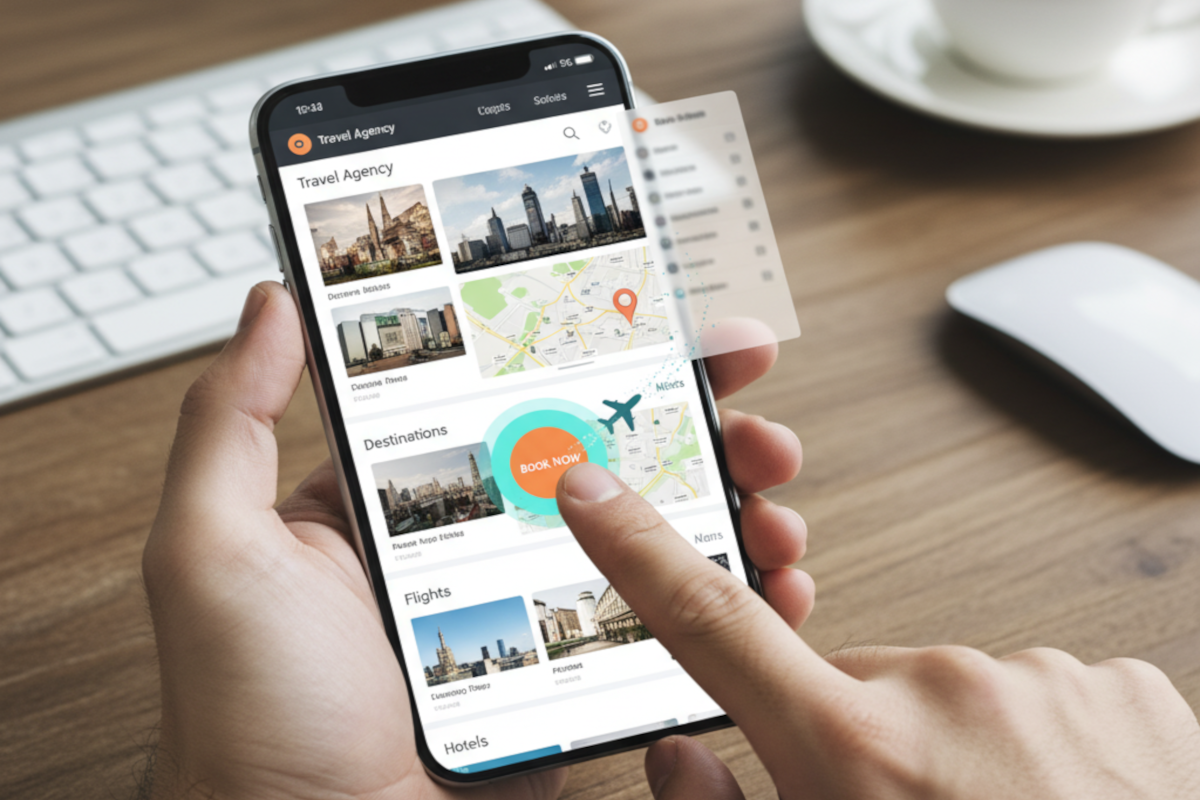 A mobile phone being held, with the user tapping on the screen of an apparent travel app, and an animation being presented on the screen