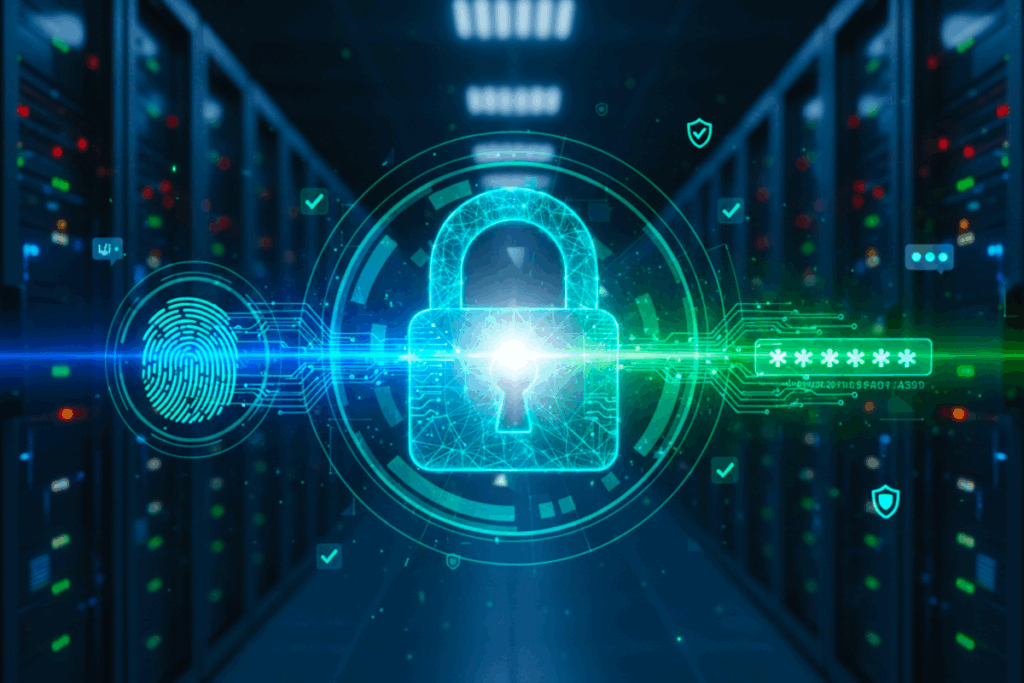 A row of services with a ceiling lights in the center; in the foreground, images of a padlock, thumbprint and a password form field