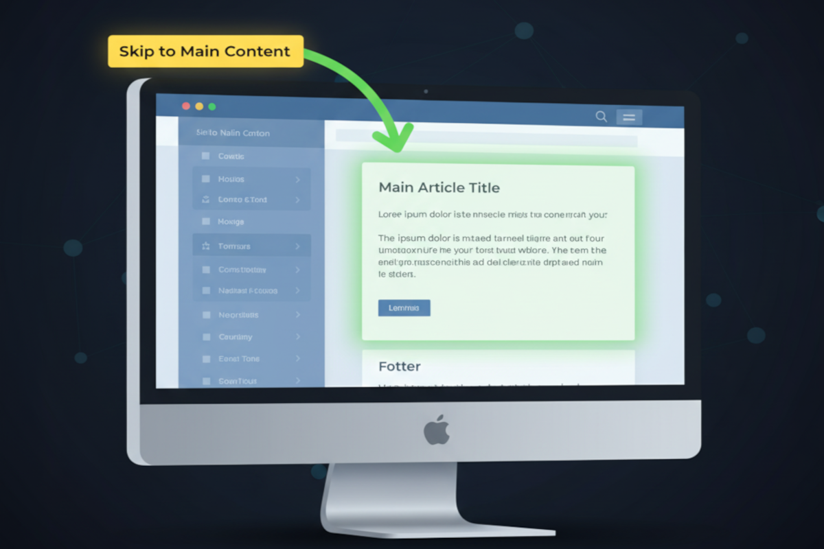 An Apple Monitor with a website displayed, with vertical site navigation on the left, the main contain highlighted with a green border, and a speech buddle with the text skip to content