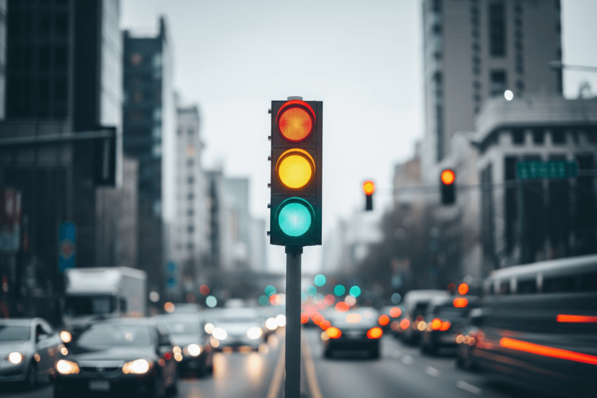A traffic light in the foreground, with blurred traffic in the background