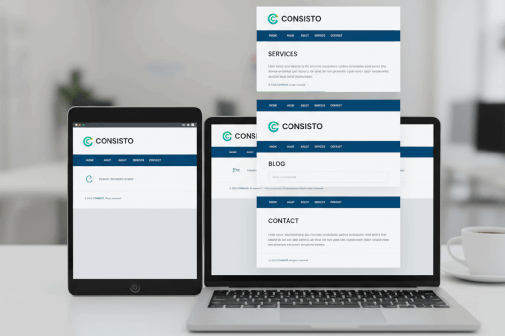 A laptop and tablet presenting the same website, with the laptop presenting multiple screens, all with the same, consistently labeled elements