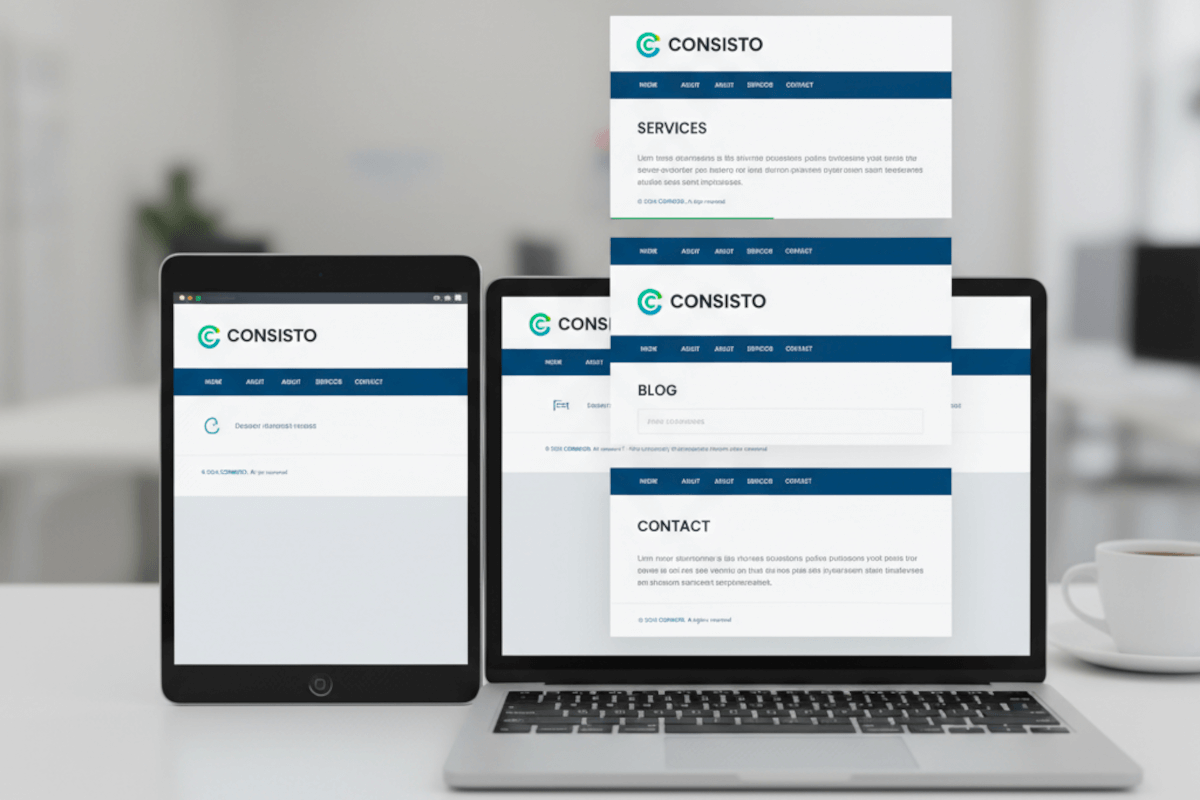 A laptop and tablet presenting the same website, with the laptop presenting multiple screens, all with the same, consistently labeled elements
