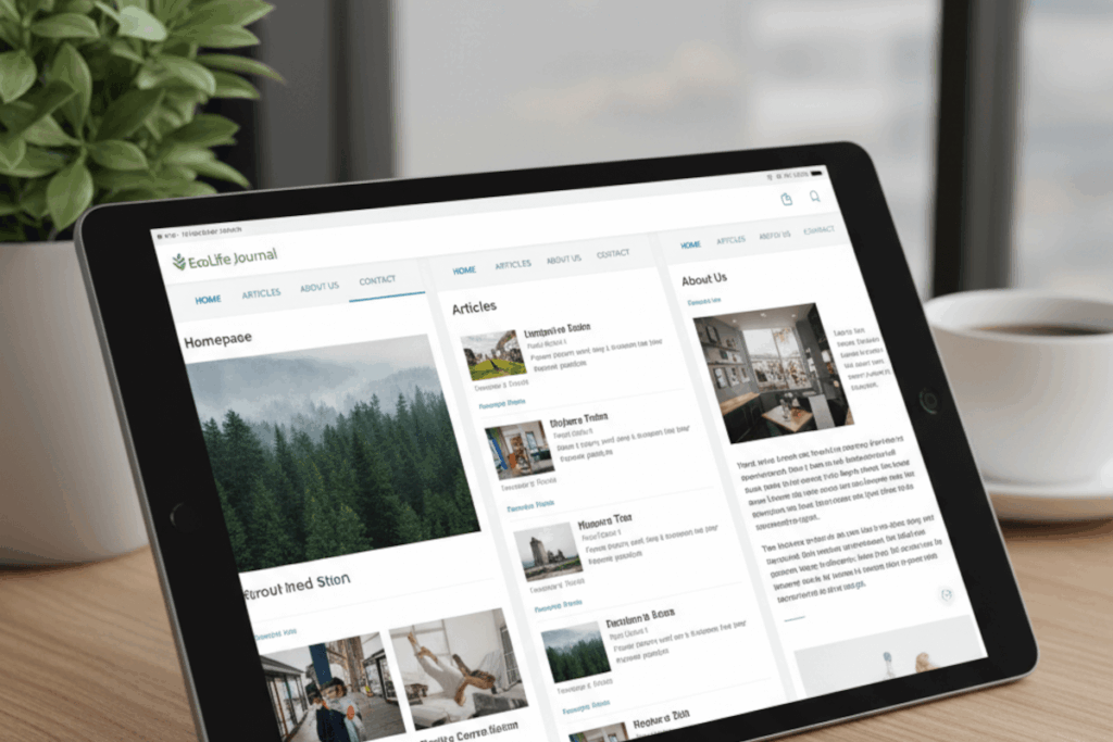 A tablet with a screen showing the same top level navigation across screens