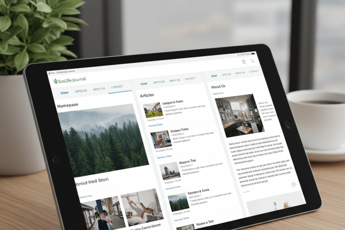 A tablet with a screen showing the same top level navigation across screens
