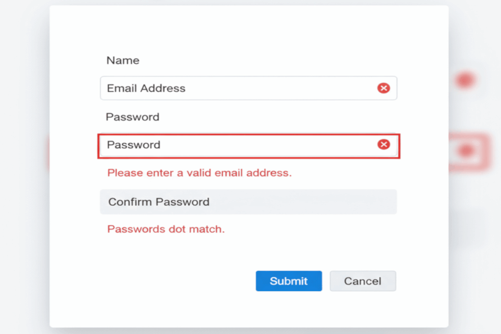 A modal dialog with form fields, with one presenting an error in red text