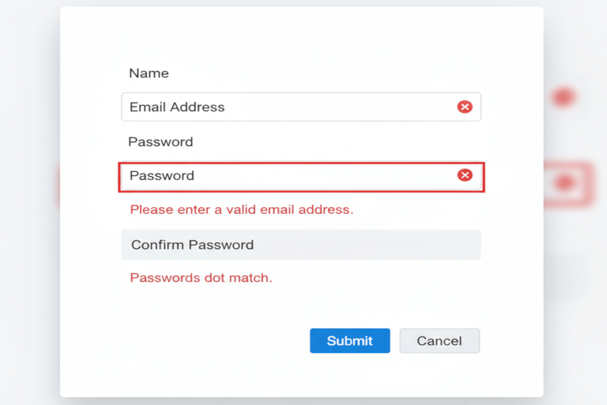 A modal dialog with form fields, with one presenting an error in red text