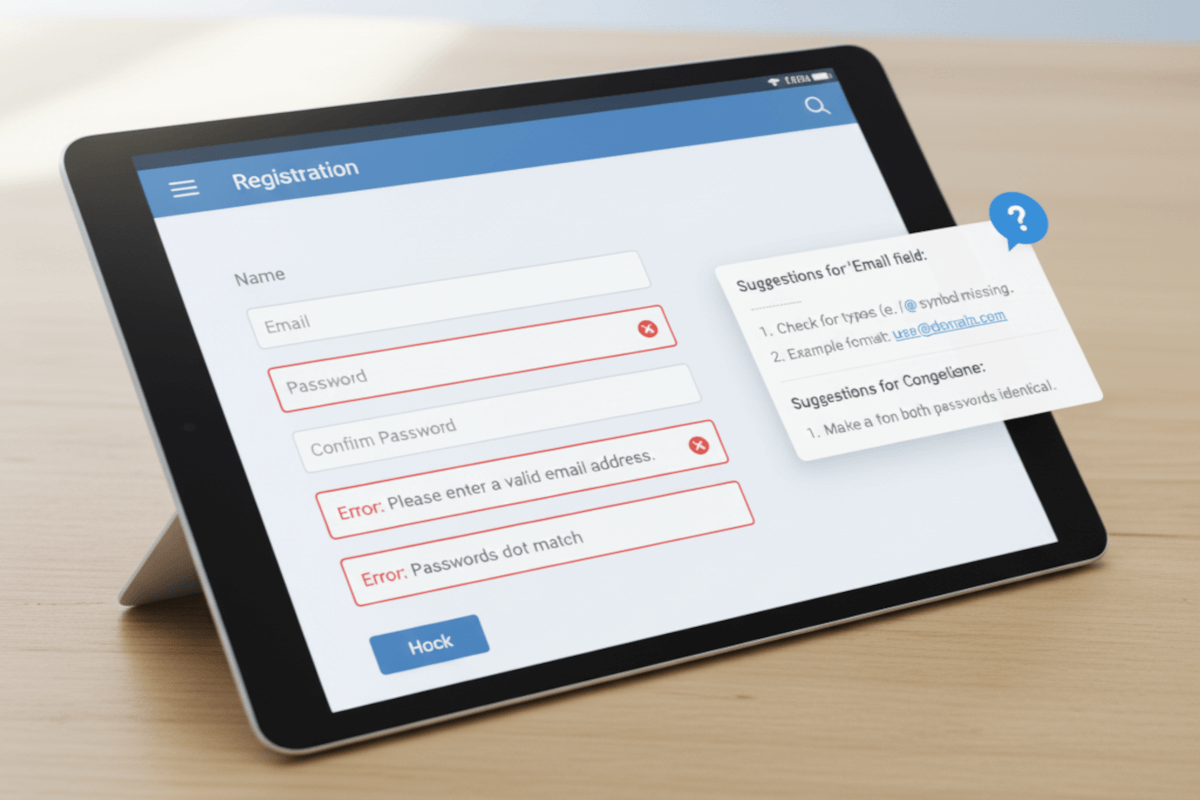 A tablet with a form with errors displayed, and a pop-up with error suggestions for resolution