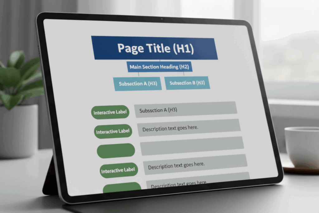 A tablet displaying a screen with headings and labels called out.