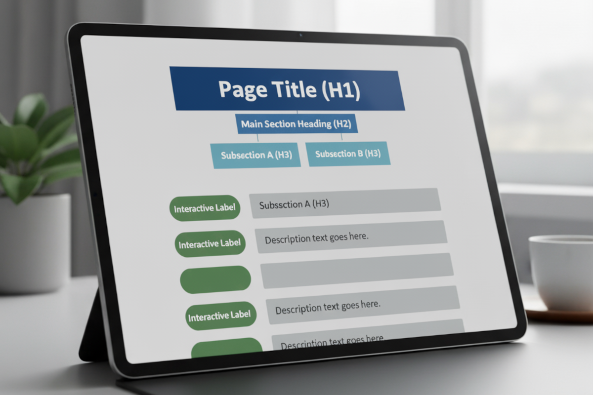 A tablet displaying a screen with headings and labels called out.