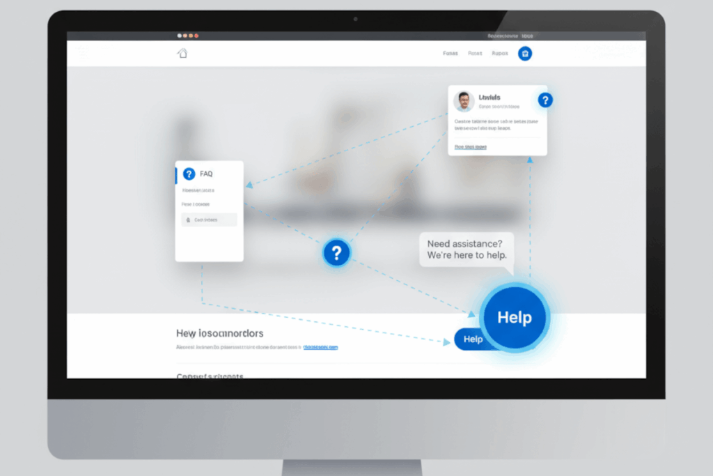 A computer monitor with a web page highlighting multiple access points for help