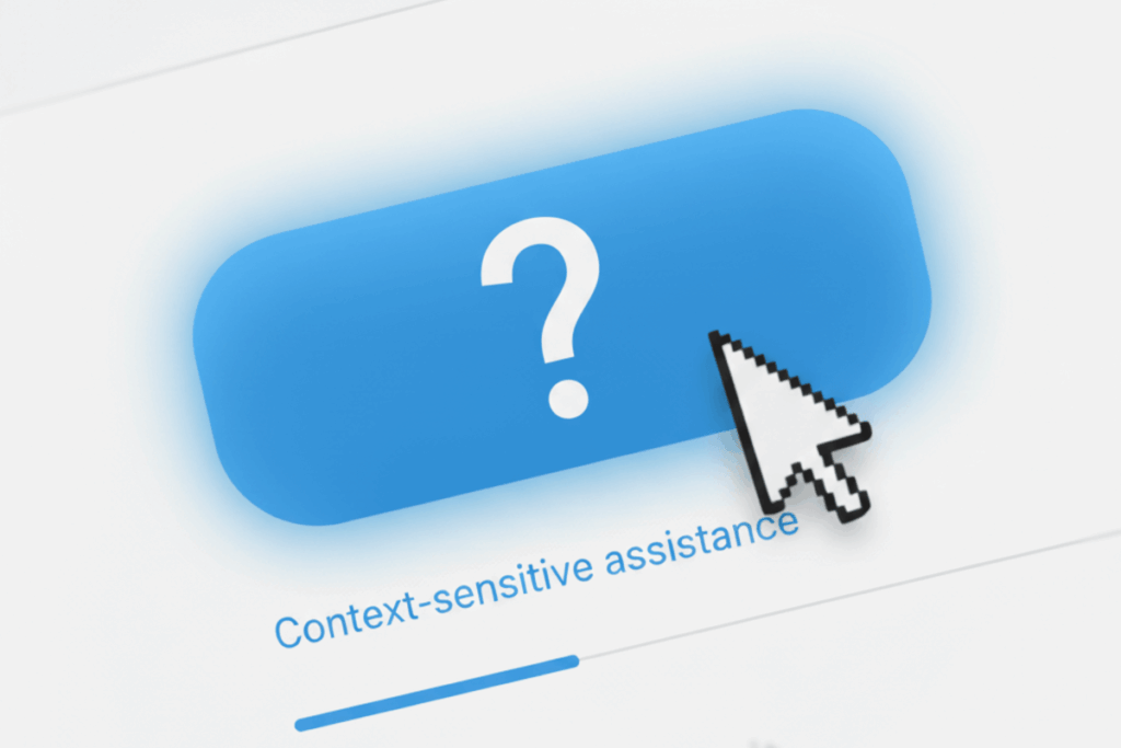 A blue button with a white question mark, with a mouse cursor over the button