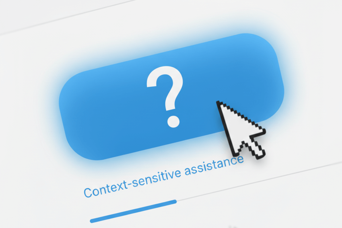 A blue button with a white question mark, with a mouse cursor over the button