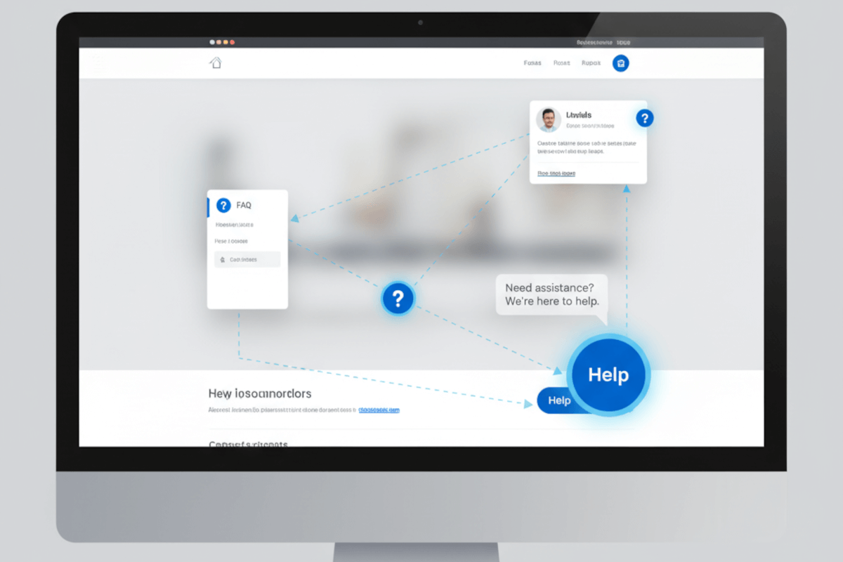 A computer monitor with a web page highlighting multiple access points for help