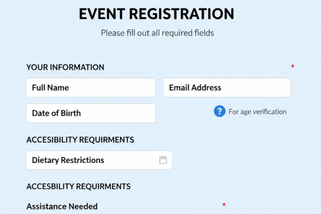 Online form with form field labels and instructions on how to complete the form
