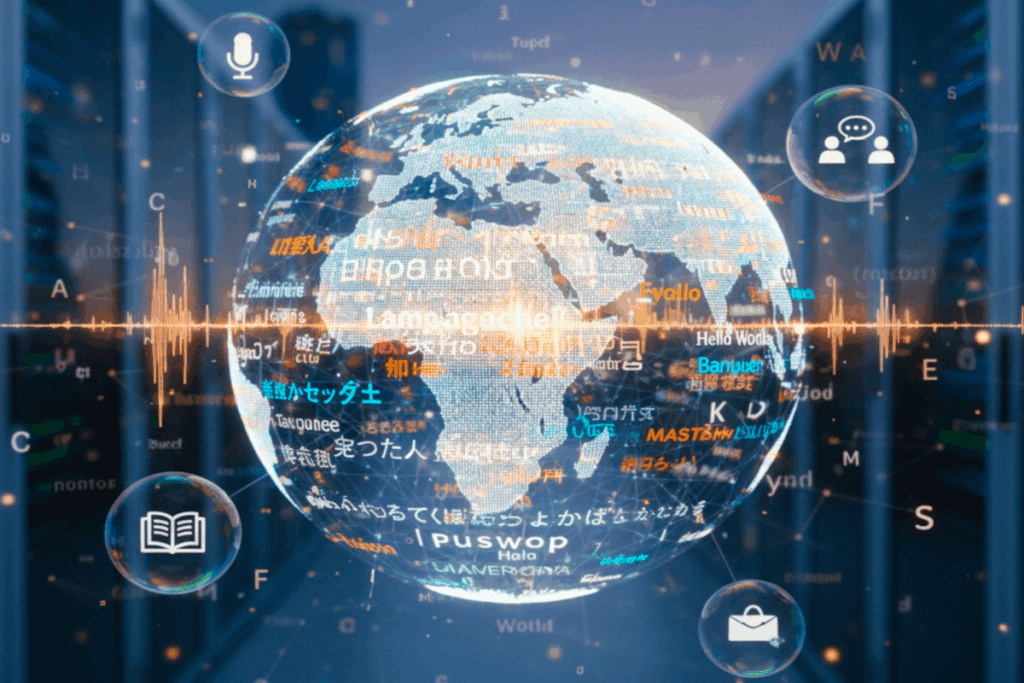 Earth centered on Africa, with various global languages represented across the world.
