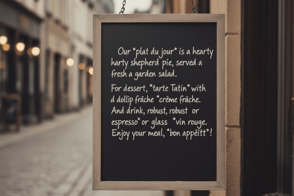 A chalkboard sign hanging in front of a retailer, with a mix of english and french