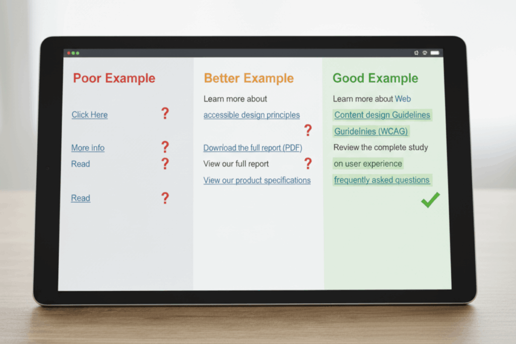 A tablet with the screen showing three columns in comparison; Poor, Better and Good examples of link purpose in context
