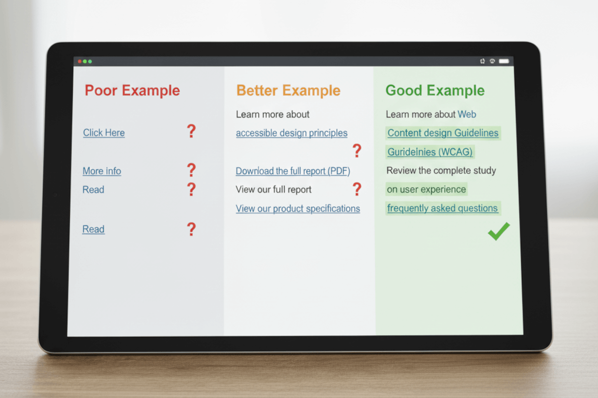A tablet with the screen showing three columns in comparison; Poor, Better and Good examples of link purpose in context