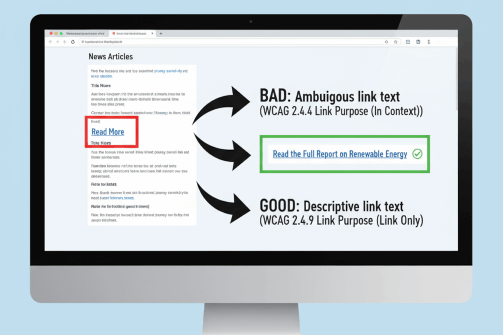 A monitor showing guidance on creating links that are descriptive, versus ambuigous