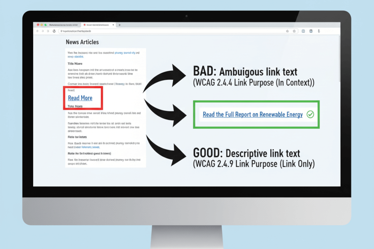A monitor showing guidance on creating links that are descriptive, versus ambuigous
