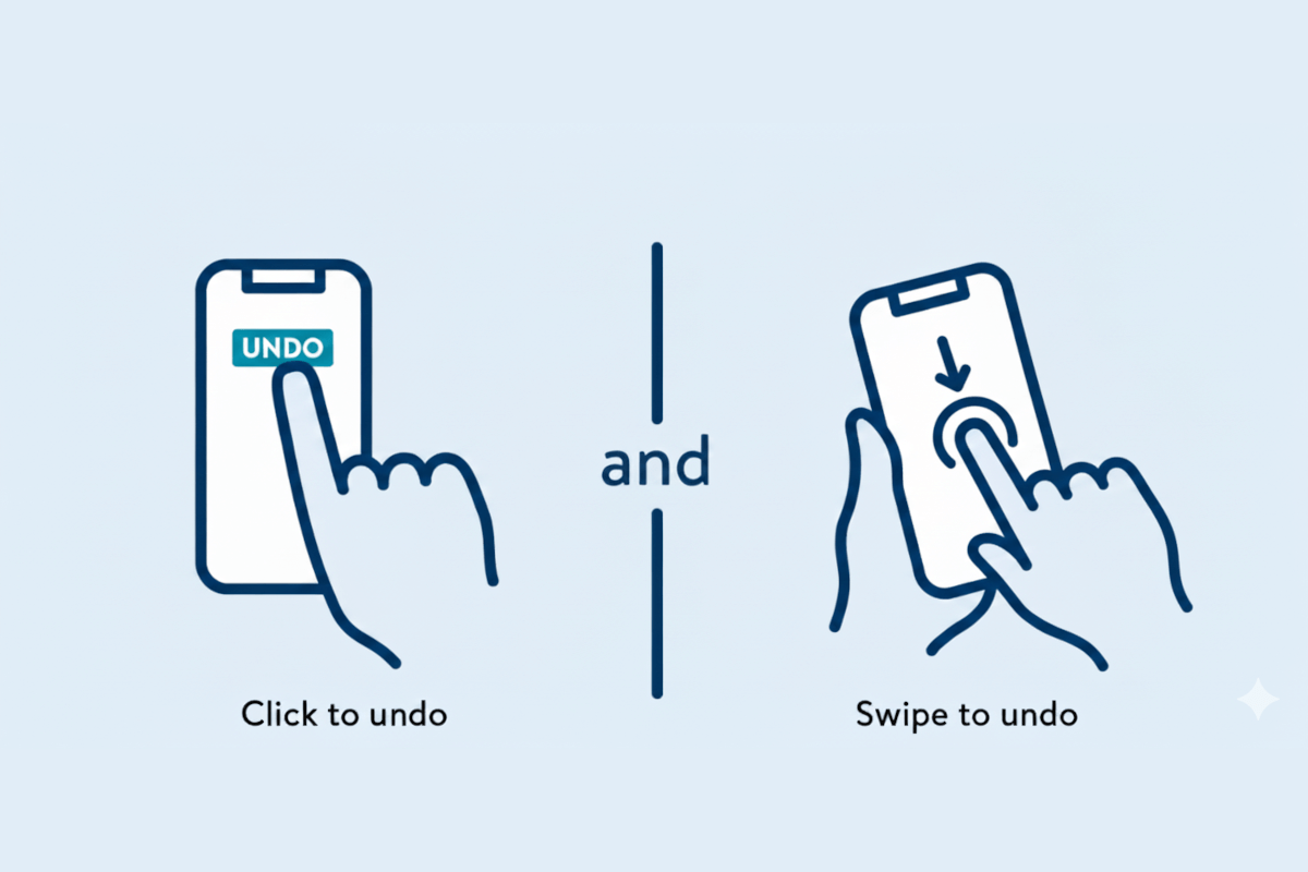 A mobile device onthe left with an Undo button, and a gesture to swipe down to undo