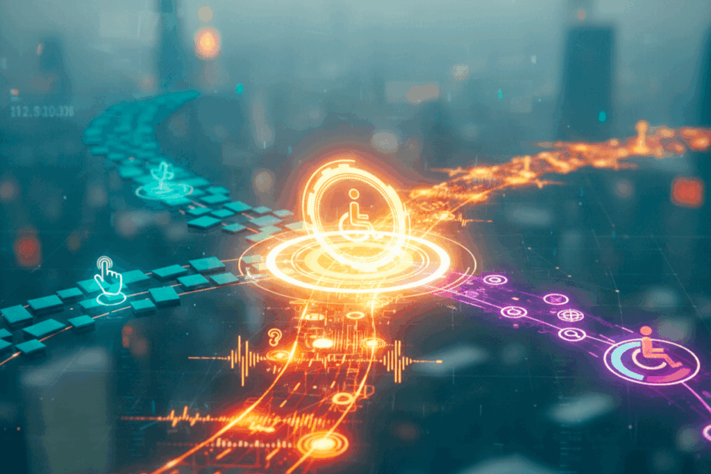 Multiple paths all converging on a accessibility icon in the center